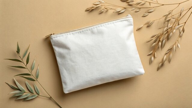 A white canvas pouch with a zipper is displayed on a beige background, adorned with dried oat stalks and a leafy branch.