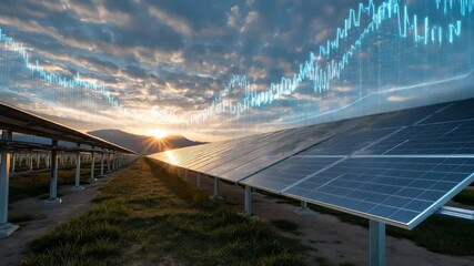 Solar farm with a sun in the sky. The sun is in the middle of the image. panoramic solar farm at dawn with transparent stock graph overlay soaring skyward, sustainable energy stocks - Powered by Adobe