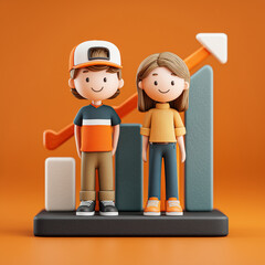 Two children standing next to a graph with a smiley face on it. The graph is pointing upwards, indicating growth or progress
