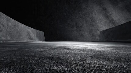 Abstract dark gray background with textured walls and asphalt road. Use as a backdrop for product placement or graphic design projects.