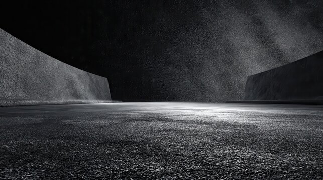 Abstract dark gray background with textured walls and asphalt road. Use as a backdrop for product placement or graphic design projects.