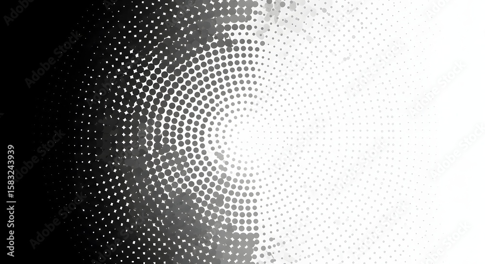Poster Abstract image featuring a radial pattern of dots transitioning from black on the left to white on the right, creating a gradient effect.