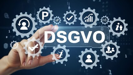 Hand Pointing at Dsgvo Text Overlaid on Gear Wheels with Business Icons Data Protection Concept Compliance on a Dark Blue Gradient Background - Powered by Adobe