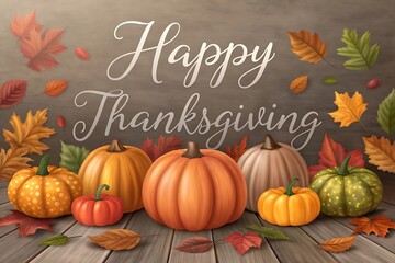 Pumpkins gourds autumn leaves on wooden background