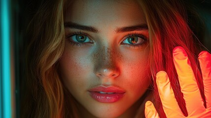 Close-up portrait of a woman with expressive eyes and vibrant lighting.