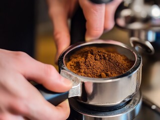 Hands pressing coffee grounds in a portafilter for espresso