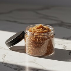 Natural sugar scrub in transparent jar on marble surface. Cosmetics and care  