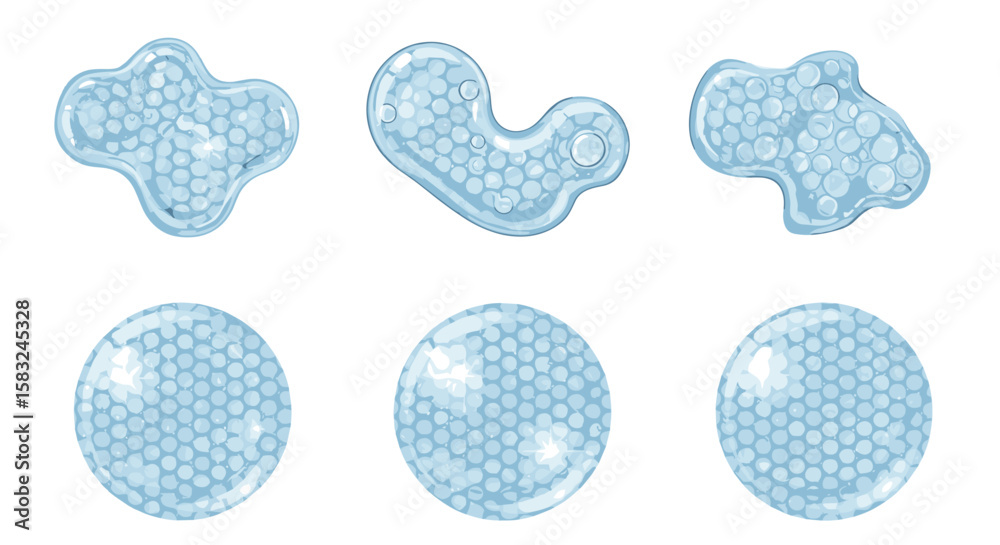 Poster illustration of three amorphous and three oval shaped structures filled with hexagonal patterns in b