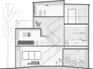 Modern house cross-section, architectural floor plan, interior design sketch, minimal home layout, detailed room illustration, residential blueprint, spiral staircase view, cutaway home drawing