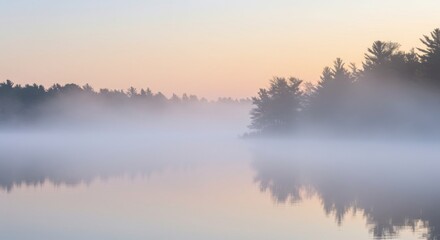 Fototapeta premium Misty Lake Sunrise with Pastel Sky and Silhouetted Trees