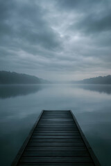 Obraz premium Misty Lake with Wooden Pier at Dawn