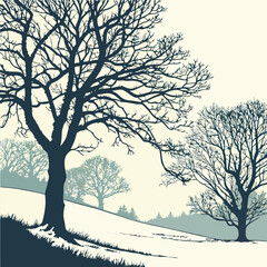 Silhouette of a winter landscape with bare trees in black vector style. Ideal for seasonal greeting cards, cold weather artwork, nature scenes, forest illustrations, holiday posters