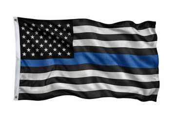 Obraz premium Thin Blue Line flag waving, studio shot, black background, law enforcement support