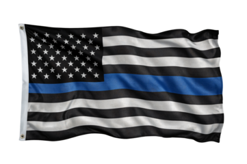 Thin Blue Line flag waving, studio shot, black background, law enforcement support