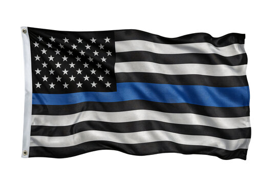 Thin Blue Line flag waving, studio shot, black background, law enforcement support