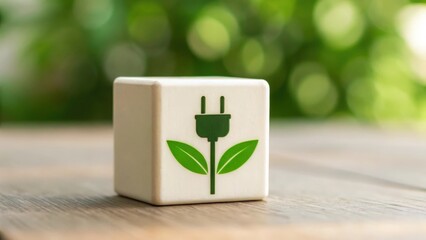 Cube showing electric plug with green leaves, representing clean energy adoption in factories
