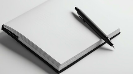 notebook open with pen on top, soft shadowed white surface, realistic texture details, highend branding style