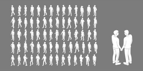 People walking vector, top view pedestrian silhouettes, isometric character design, urban street crowd, male female figures, outline white graphics, city planning illustration