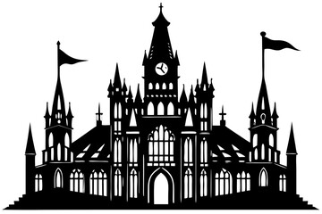 Fototapeta premium A black and white silhouette illustration of a large Gothic style building with a central clock tower, multiple spires, and a flag on top