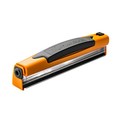 A studio capture showcases an orange handheld UV sanitizer wand, illuminating its functionality for sterilization and cleanliness against a stark black backdrop, ideal for illustrating hygiene technol