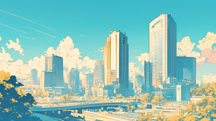 Obraz premium 80年代風アニメ調で描かれた都会の朝の風景｜目覚めの光が差し込む高層ビルと清々しい青空が調和する、懐かしくて心地よいノスタルジックなレトロシティイラスト