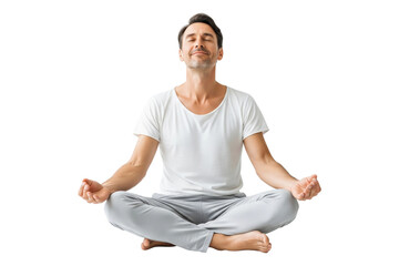 Peaceful man in comfortable clothing meditating in a lotus pose with eyes closed