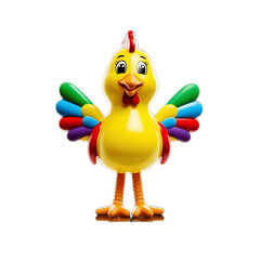 Vibrant toy chicken with red comb and multicolored wings