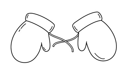 Coloring page illustration of two mittens joined by a string — clean black line drawing, no background, no color.


