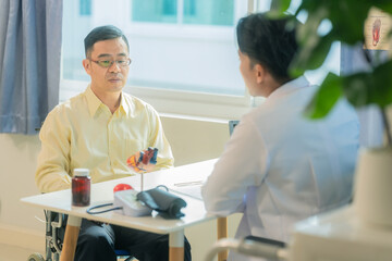 Concept of cardiologist and patient talking while sitting at table. Medical and healthcare concept...