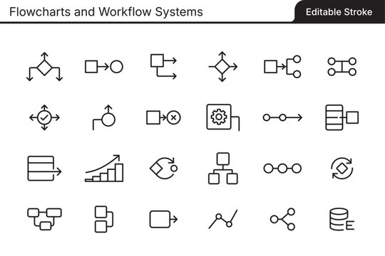 Set of editable vector outline icons related to Flowcharts and Workflow Systems. Vector strokes are fully editable for easy customization
