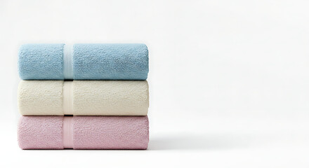 Stack of pastel colored rolled towels on white background