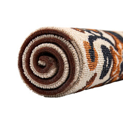 A rolled area rug displays an intricate pattern of brown, beige, and black against a transparent background, suggesting a focus on home decor, interior design, and texture.