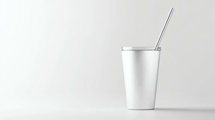 tumbler with straw inserted, clean minimal white backdrop, studiograde lighting, elegant and minimalist