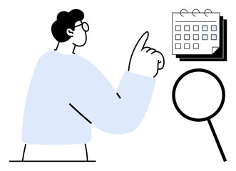 Person pointing towards a calendar with magnifying glass nearby. Represents planning, organization, scheduling, focus, productivity, search, and analysis in a minimal flat style metaphor
