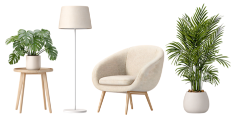 A realistic photo of an interior design concept, featuring a floor lamp with a white metal pole and a beige fabric chair next to it, and a side table in a light wood color holding green plants.