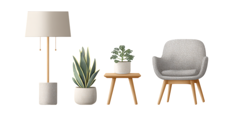 A realistic photo of an interior design concept, featuring a floor lamp with a white metal pole and a beige fabric chair next to it, and a side table in a light wood color holding green plants.