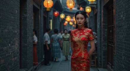 Woman in traditional Chinese dress, ancient alley