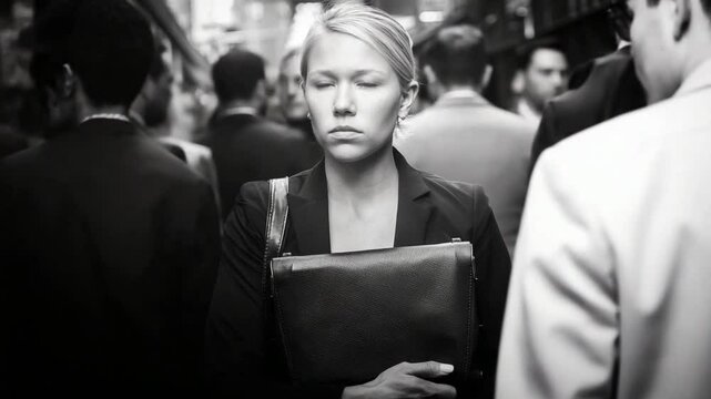   Lost in the Crowd: A woman with her eyes closed finds solace amidst the bustling city. The monochromatic depiction enhances the emotion conveyed, emphasizing the solitude amid the urban chaos.