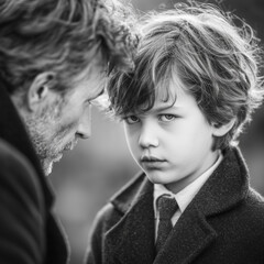 A man and a boy are standing next to each other. The boy is looking at the camera with a frown on his face. Scene is serious and tense