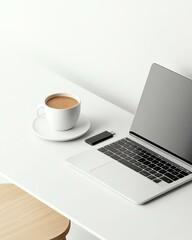 Fototapeta premium USB drive next to laptop, floating on white surface, realistic texture details, clean product focus