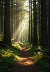 Fototapeta premium Sunlit Forest Path with Green Foliage and Morning Light