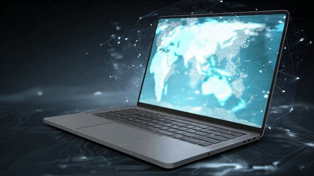 Global Connections: A modern laptop showcases a dynamic digital world map on its screen, highlighting the interconnectedness of the globe in the digital age. 