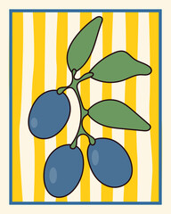 Fresh Plum Fruit. Graphic Art in Amalfi Style Bold Poster. Positive, Vibrant, Happy Outline. Mediterranean Summer Travel Resort Rest Theme. Retro Vintage card Postcard  Background Print