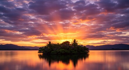 Obraz premium Vibrant Sunset over Calm Water with Island Silhouette