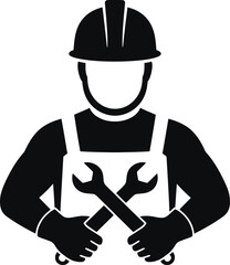Obraz premium Silhouette of a construction worker or mechanic wearing a hard hat and overalls holding crossed wrenches isolated on a white background vector illustration for design