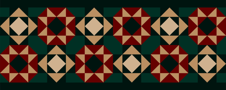 Endless Tapestry of Symmetrical Geometry, abstract geometric seamless vector border pattern, geo quilt patchwork layout, deep green, red and golden Christmas colors