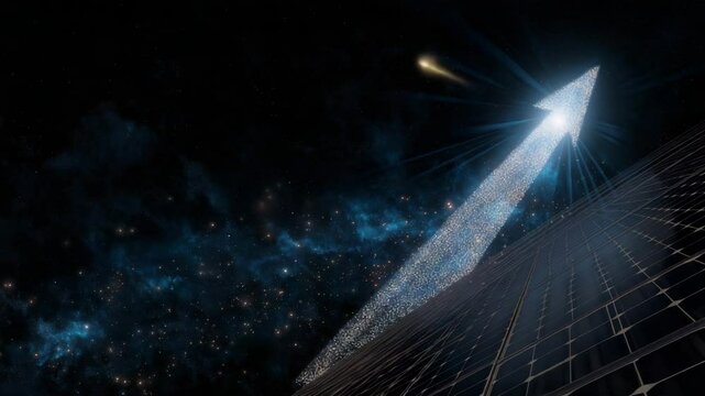 Bright light is shooting up into the sky. The sky is dark and filled with stars. solar-panel pixels bursting into upward arrow, deep-space backdrop, sustainable energy stocks