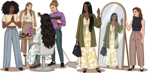 Diverse women at a salon for haircut and style, reflection in the mirror