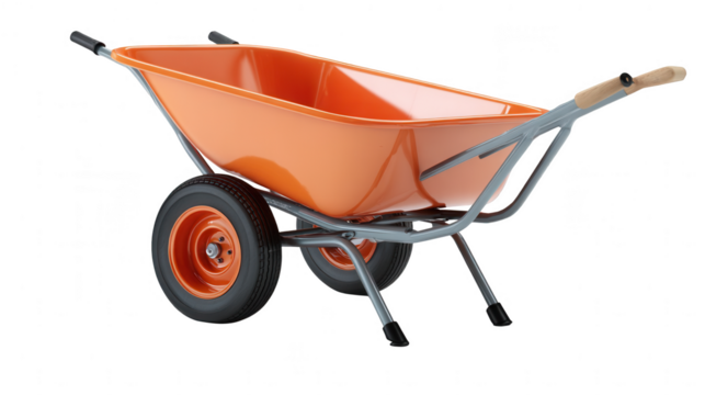 A vibrant orange wheelbarrow with two wheels and a gray frame on a black background