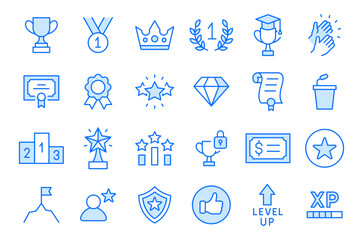 Award and recognition line icon set. Trophy, medal, crown, certificate, podium minimal vector illustrations. Simple outline signs for success and achievement. Blue color. Editable Stroke